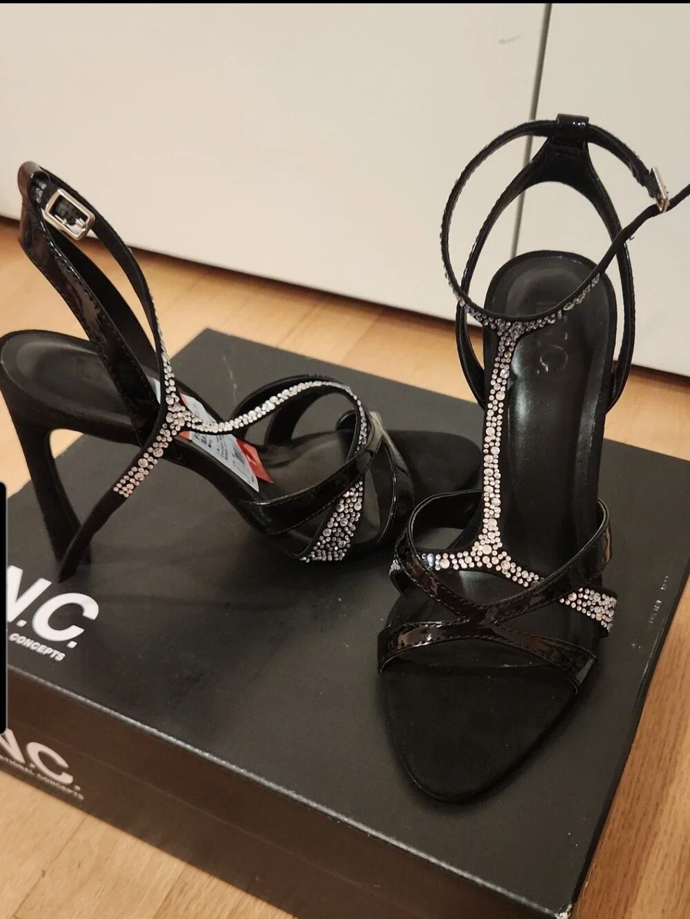 I.N.C. Black Strappy Rhinestone T‑Strap High Heel Sandals